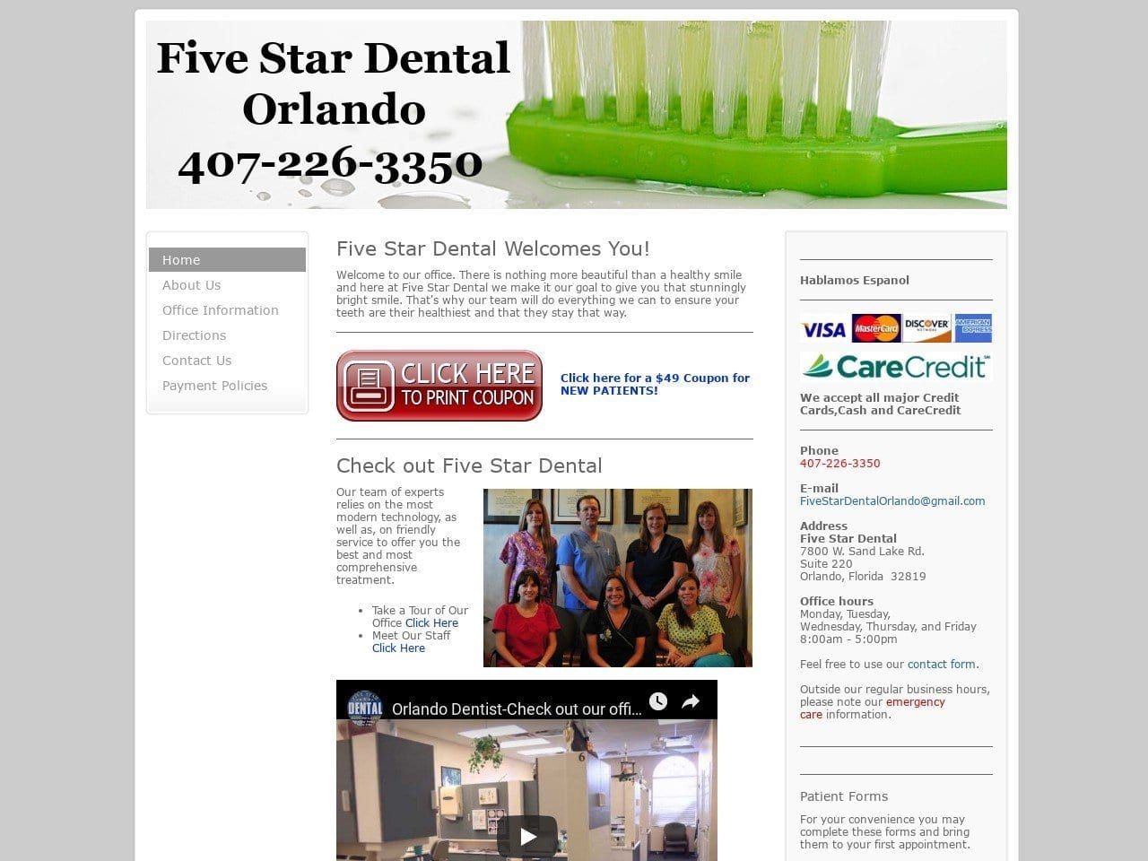 Five Star Dental Website Screenshot from fivestardentalorlando.com