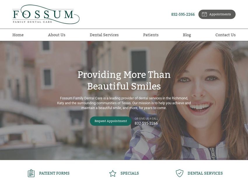 Fossum Family Dental Care Website Screenshot from fossumfamilydentalcare.com