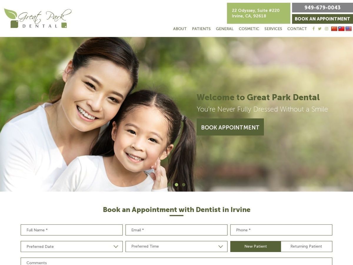 Great Park Dental Website Screenshot from greatparkdental.com