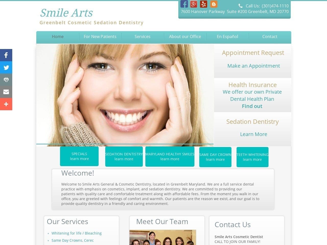 Smilearts General And Cosmetic Dentist Website Screenshot from greenbeltdentist.com