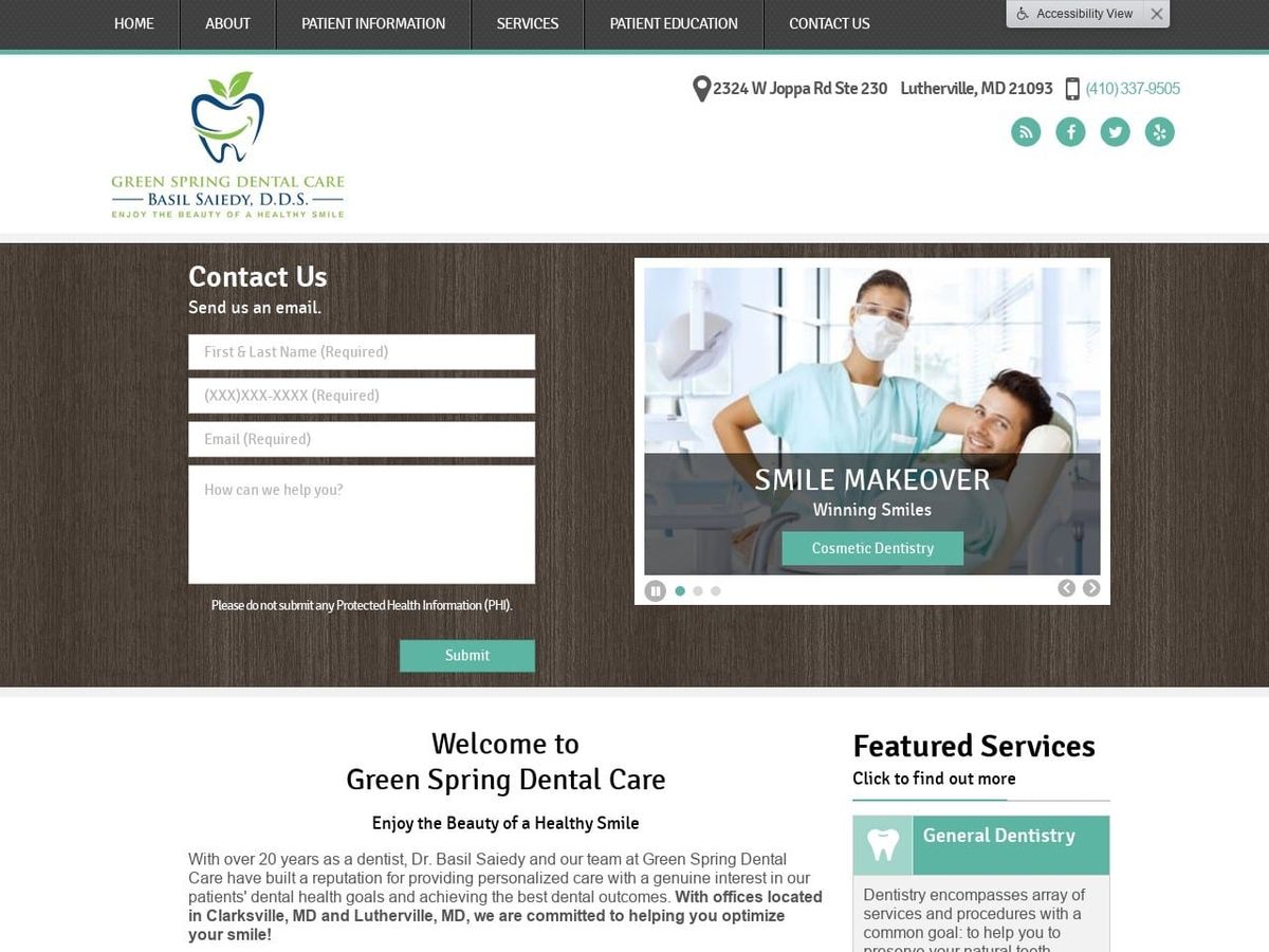 Greenspring Dental Care Website Screenshot from greenspringdentalcare.com