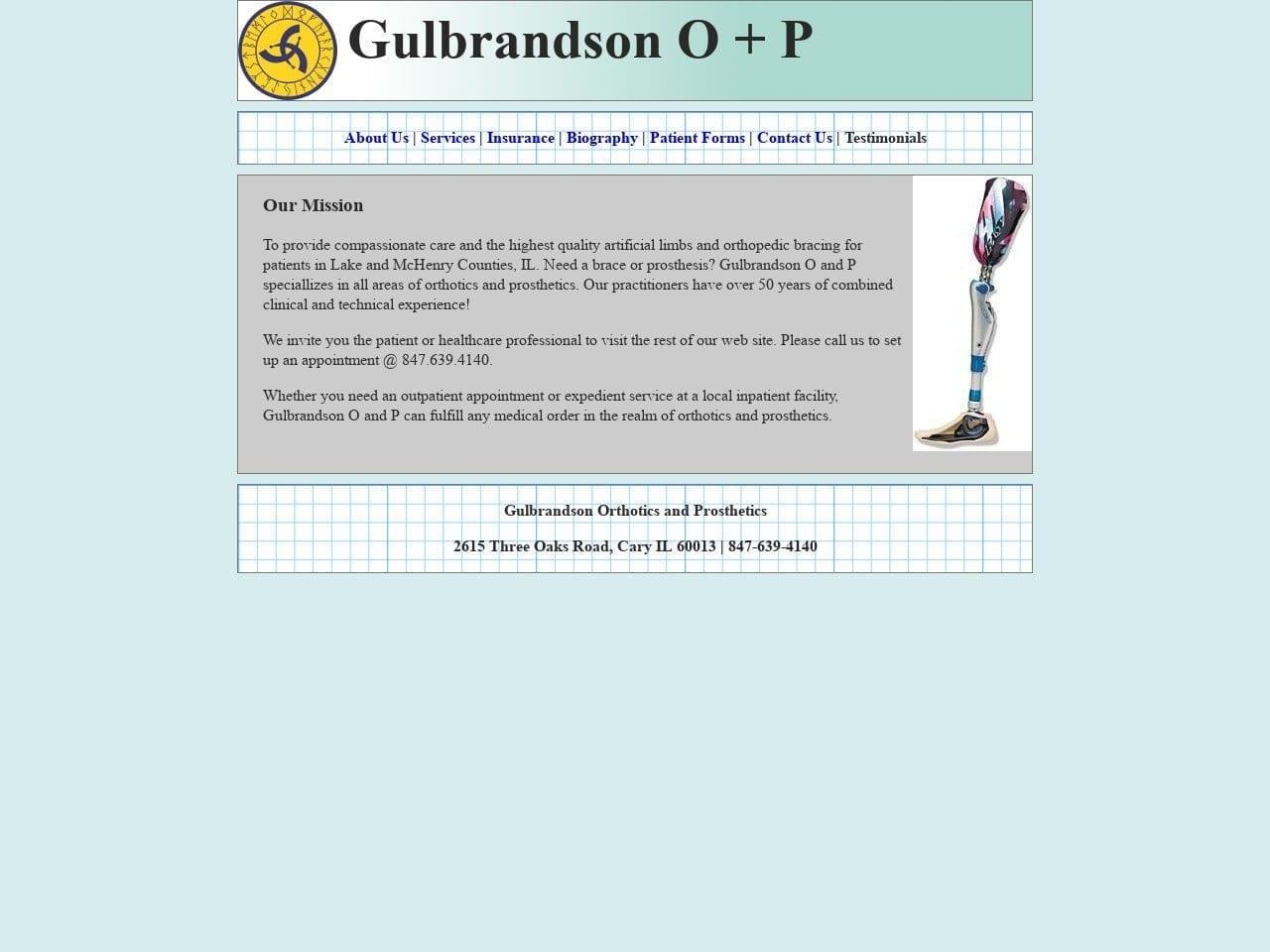 Gulbrandson Orthotics Website Screenshot from guloandp.com