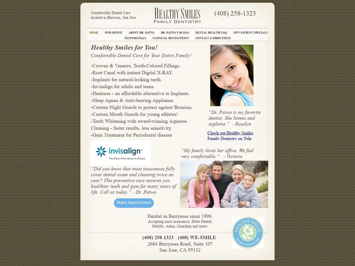 Healthy Smiles Family Dentistry Kalindi Patwa DMD Website Screenshot from healthysmilestoday.com