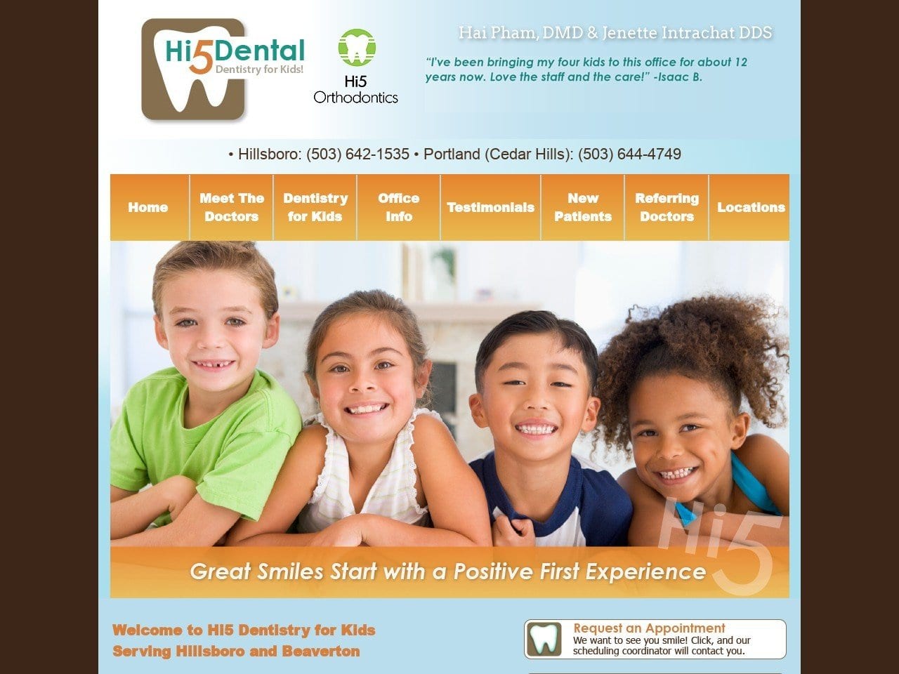 Hi 5 Dental Dentistry for Kids Website Screenshot from hi5dental.com