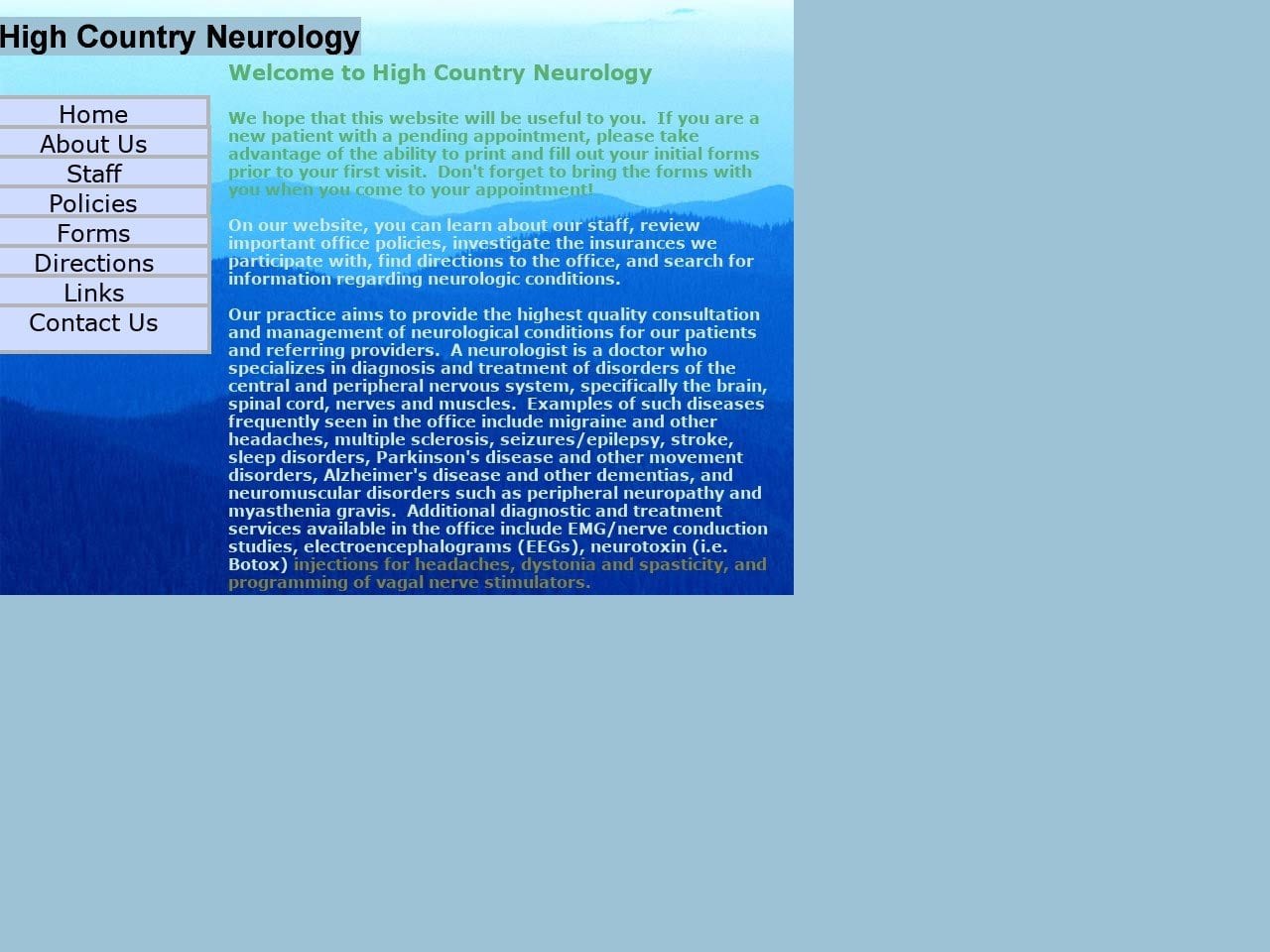 High Country Neurology Website Screenshot from highcountryneurology.com