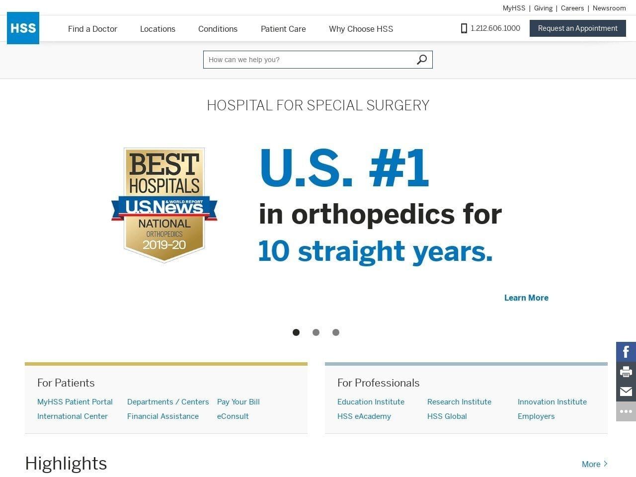 Hospital For Special Surgery Website Screenshot from hss.edu