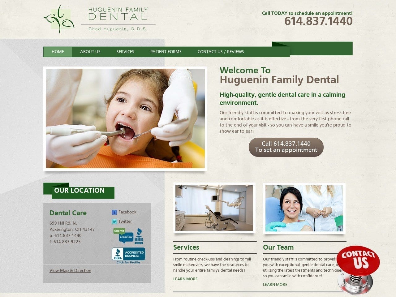 Huguenin Family Dental Website Screenshot from huguenindental.com