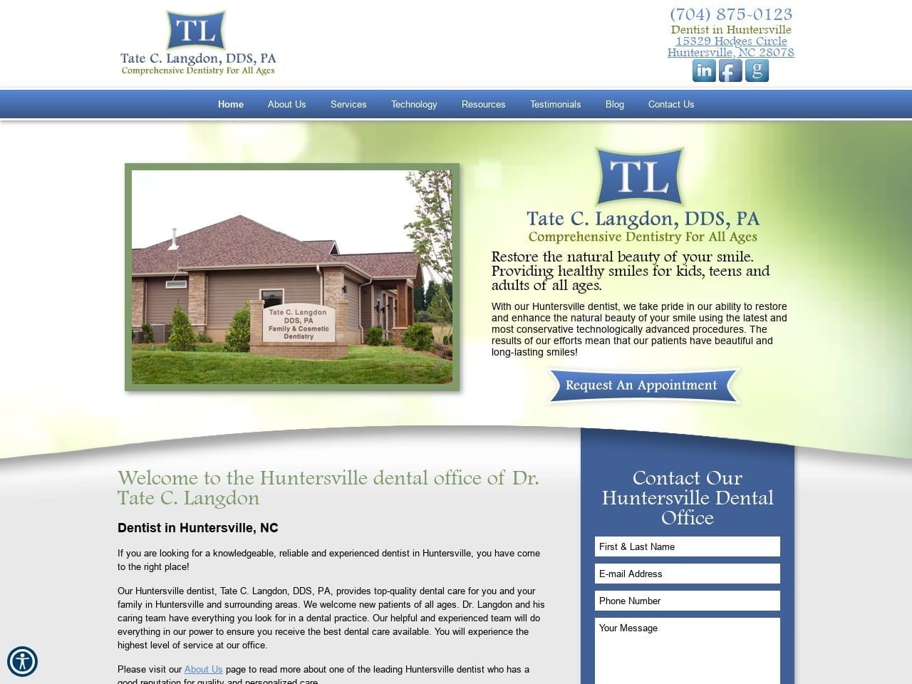 Tate C. Langdon Dds Pa | Dentist Website Screenshot from huntersvilledentist4u.com