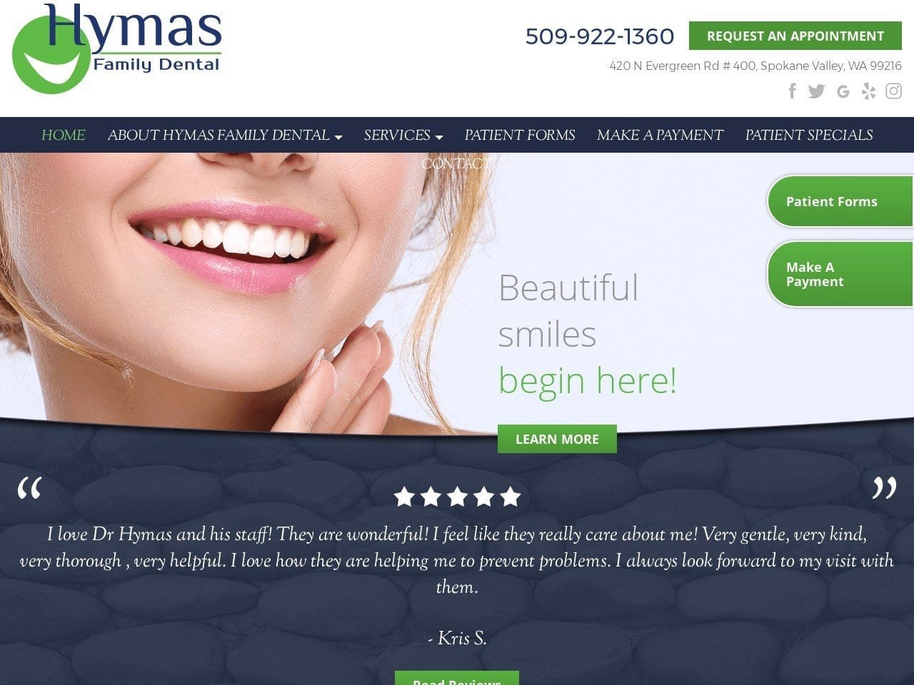 Brent Williams Dentist Website Screenshot from hymasfamilydental.com