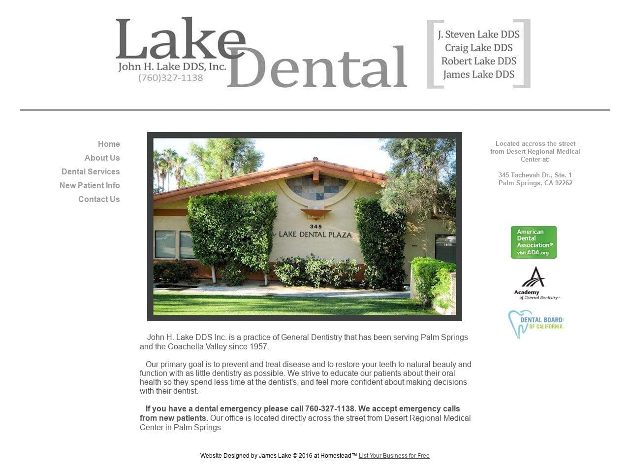 John H Lake Inc Lake Craig D DDS Website Screenshot from lakedentalpalmsprings.com