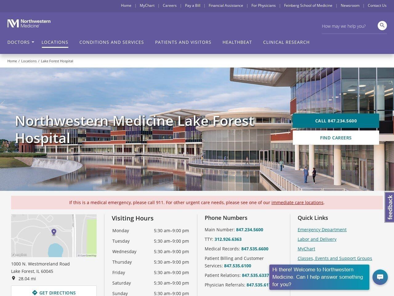 Northwestern Lake Forest Hospital Website Screenshot from lfh.org