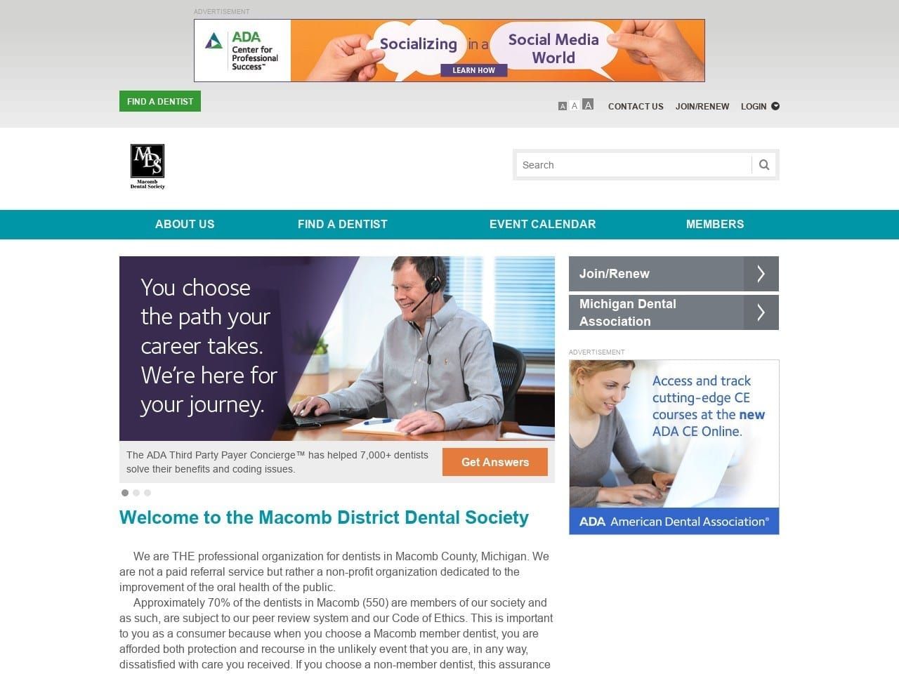 Macomb Dental Society Website Screenshot from macombdental.org