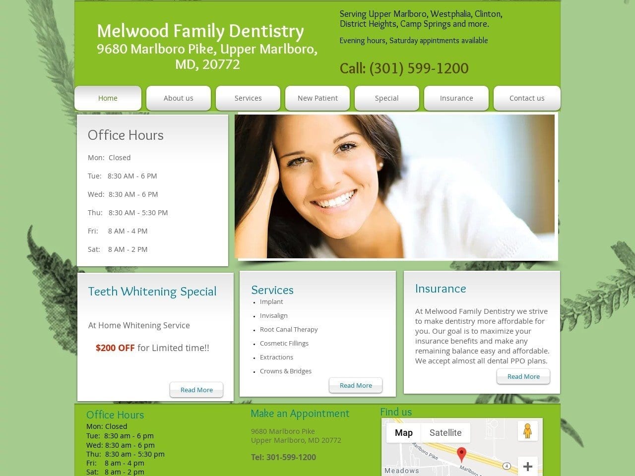 Melwood Family Dentist Website Screenshot from melwooddental.com