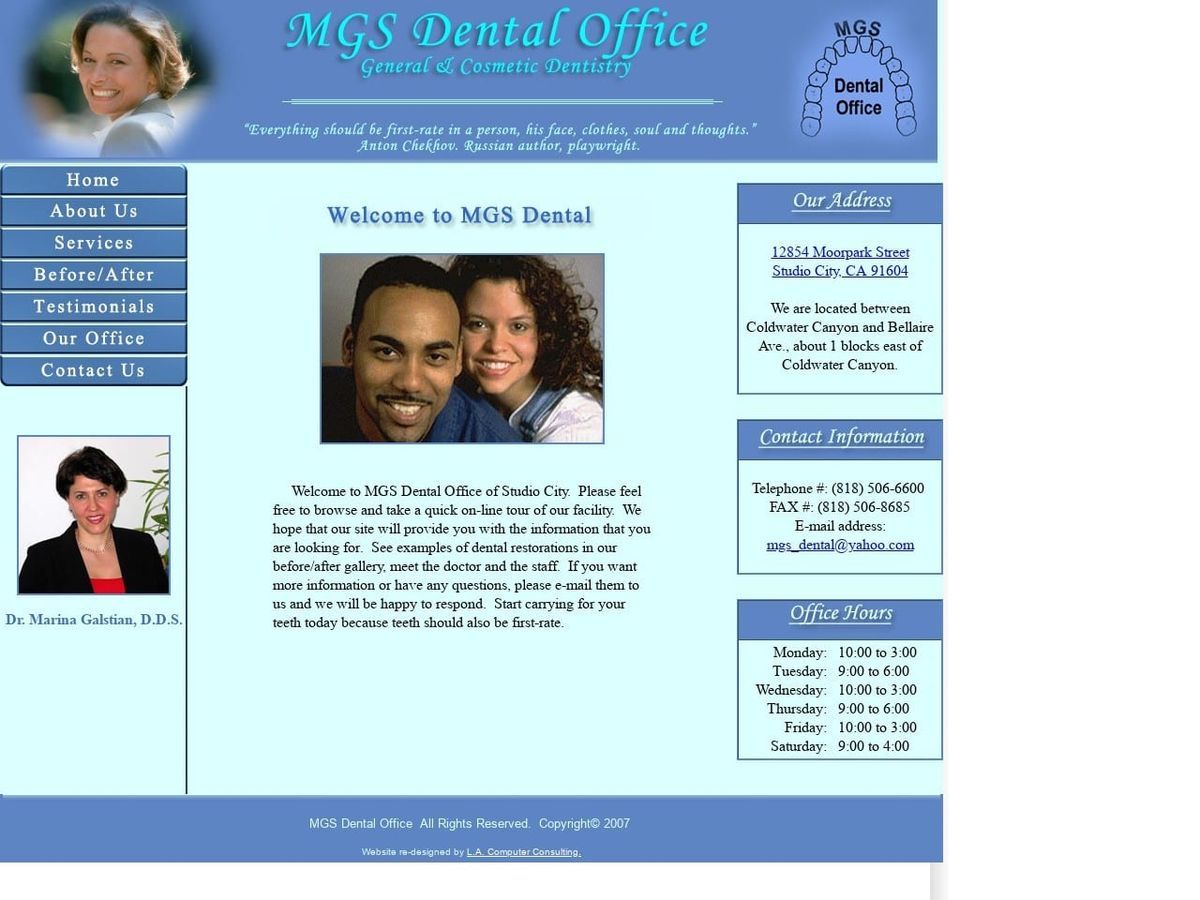 Dr. Marina Galstian DDS Website Screenshot from mgsdental.com