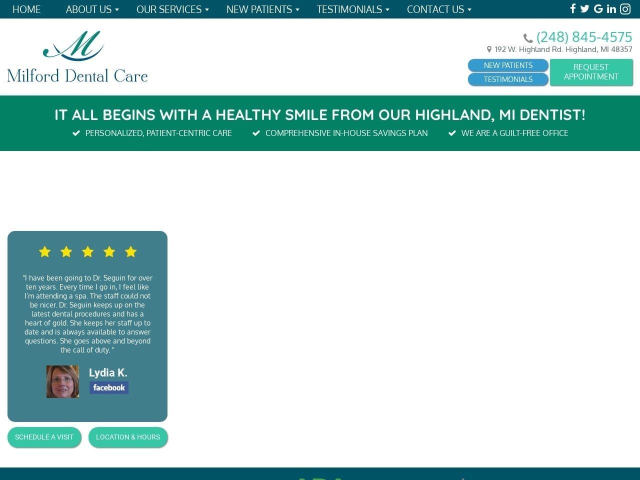 Milford Dental Care Seguin Jill DDS Website Screenshot from milforddentalcare.com