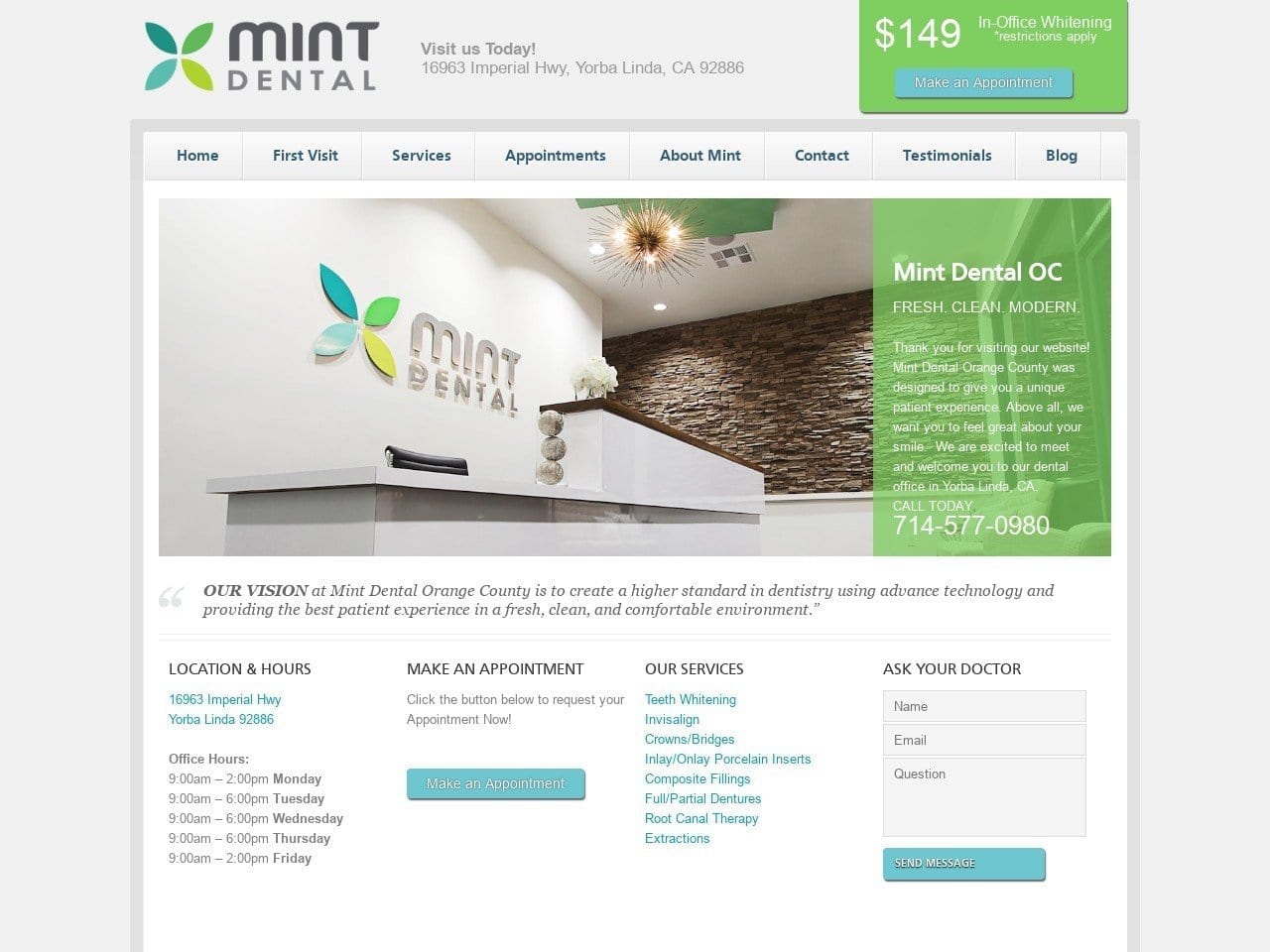 Mint Dental OC Website Screenshot from mintdentaloc.com