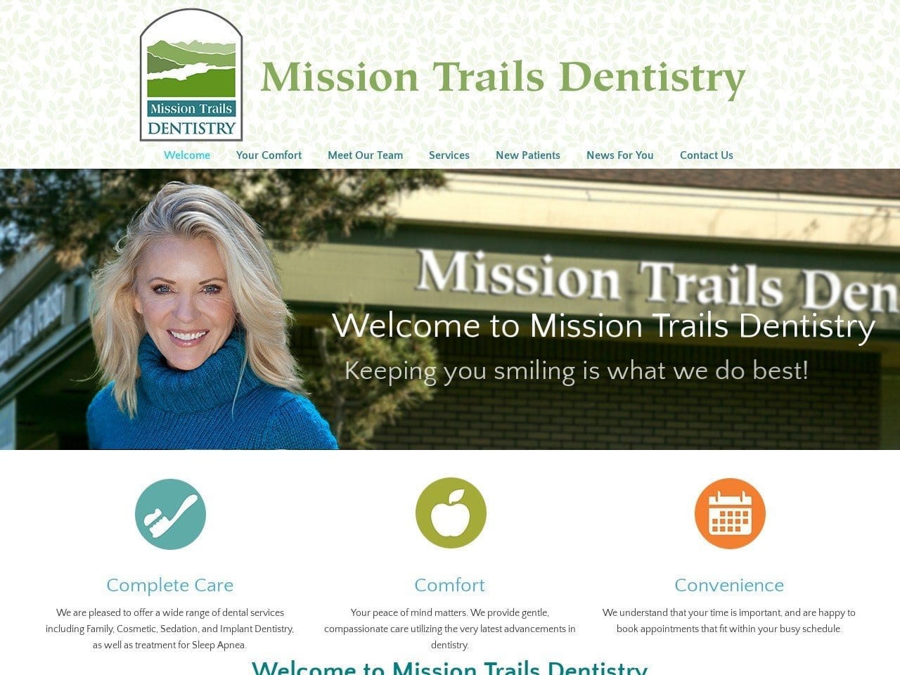 Mission Trails Dentist Website Screenshot from missiontrailsdentistry.com