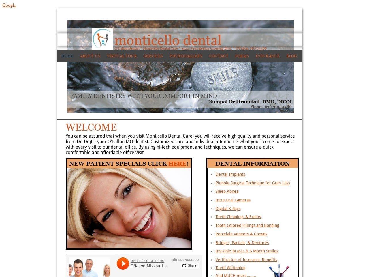 Monticello Dental Care Website Screenshot from monticellodental.com