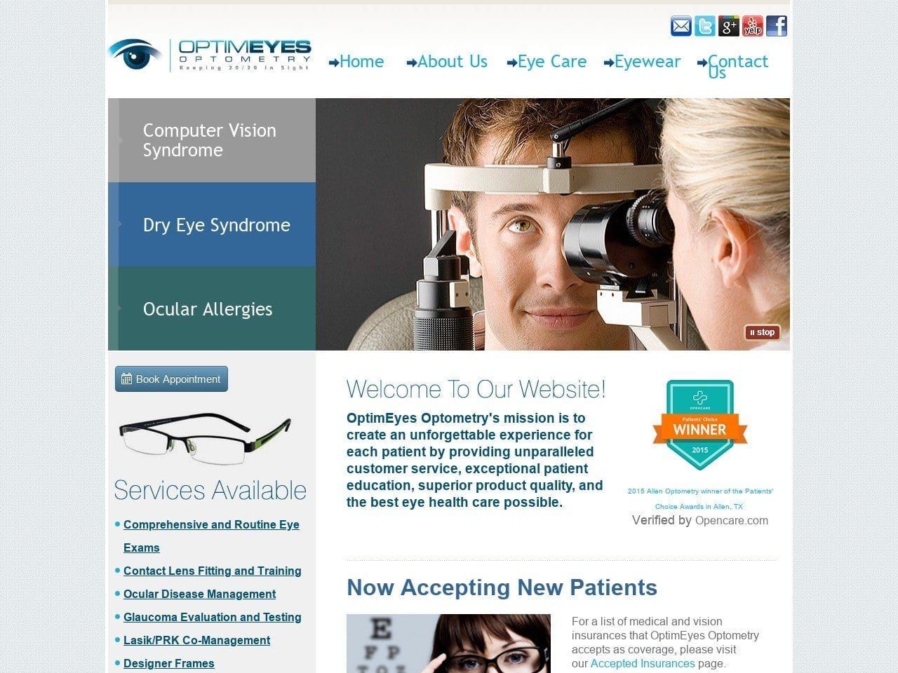 OptimEyes Optometry Website Screenshot from optimeyes2020.com