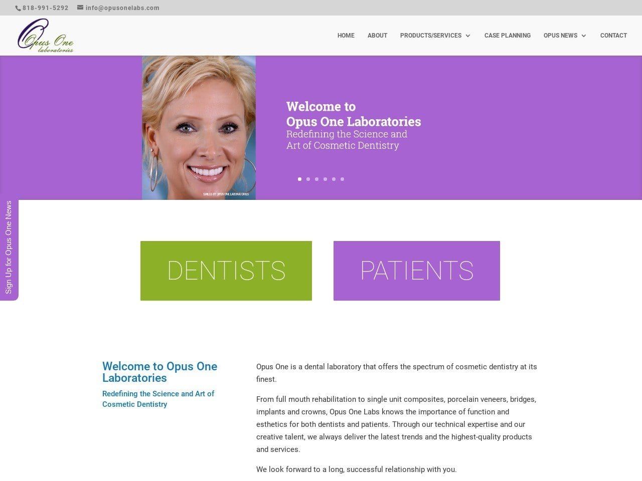 Opus One Dental Laboratory Cosmetic Dentist Website Screenshot from opusonelabs.com