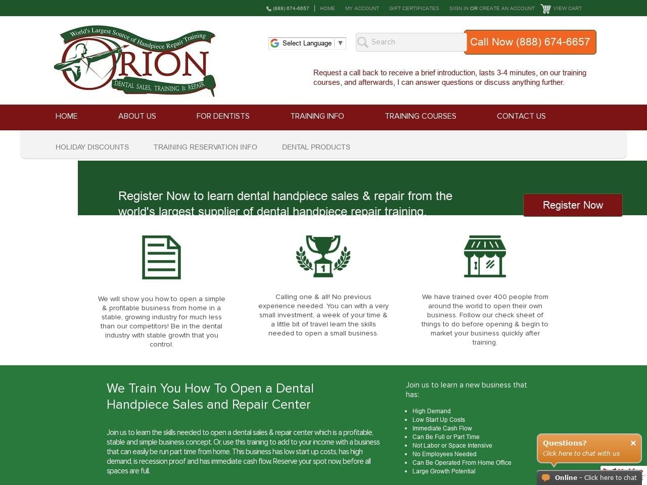 Orion Dental Sales Training & Repair Website Screenshot from orionrepair.com