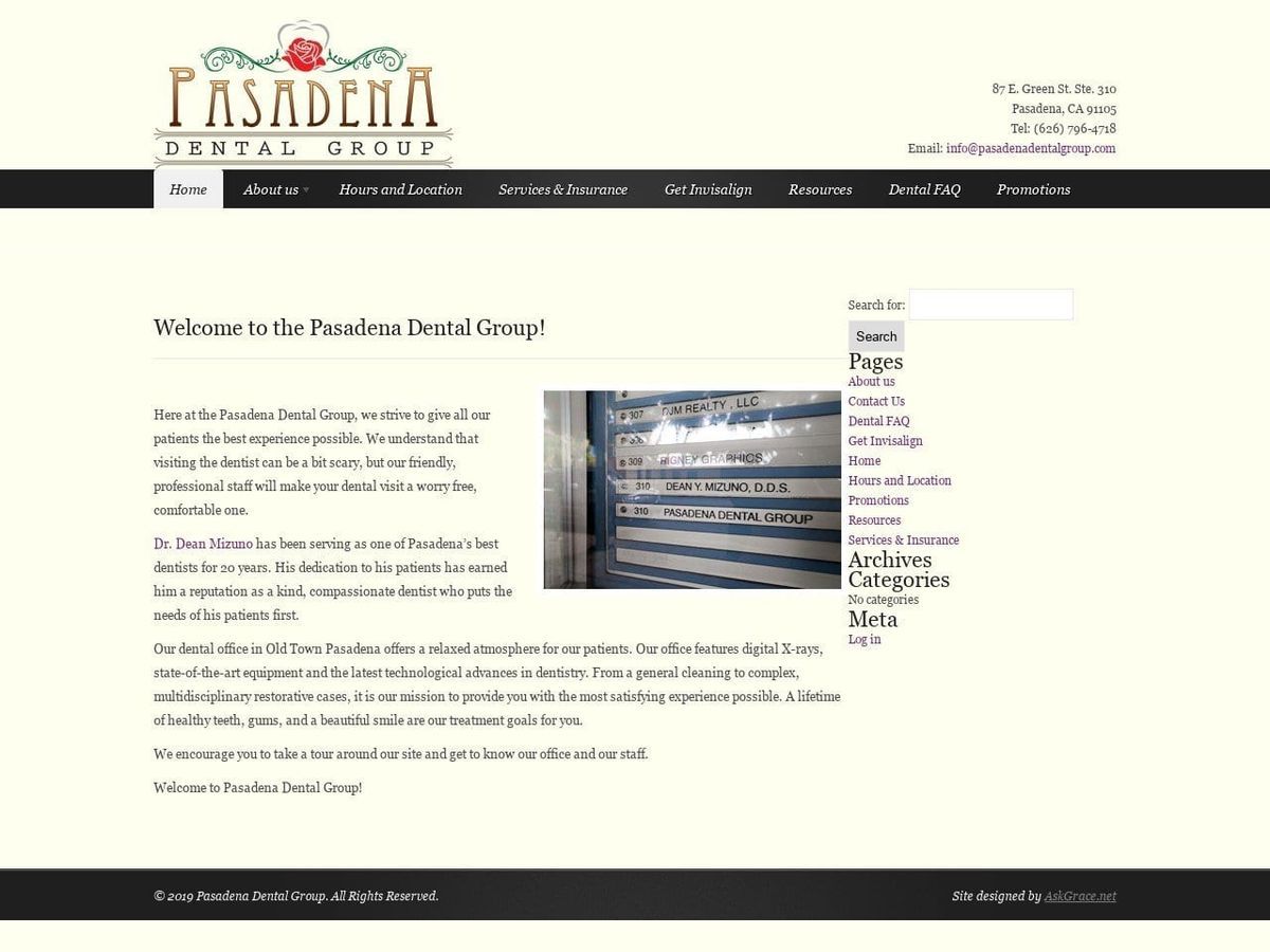 Pasadena Dental Group Dean Y. Mizuno DDS Website Screenshot from pasadenadentalgroup.com