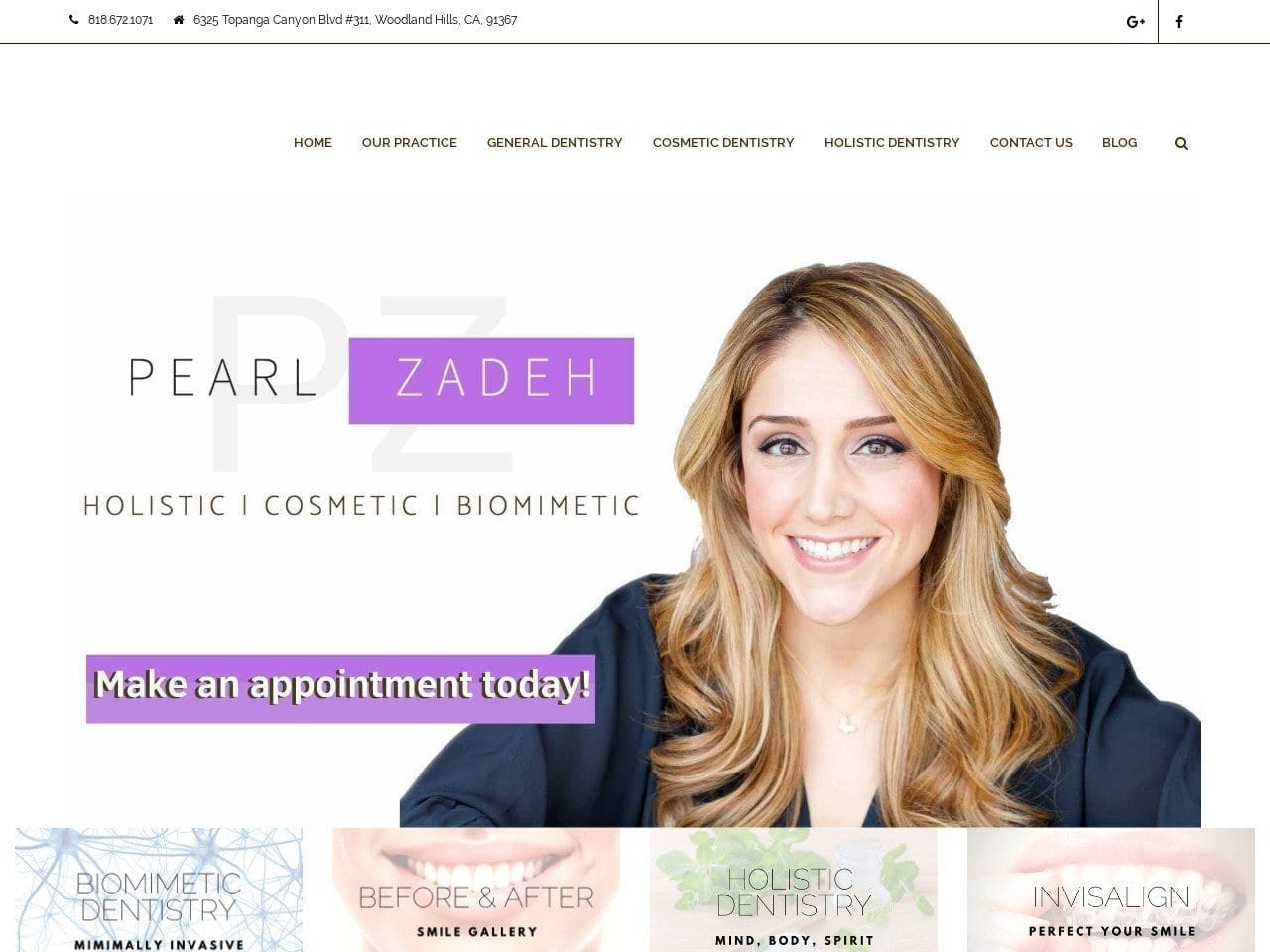 Dr. Pearl Zadeh DDS Website Screenshot from pearlzadehdds.com