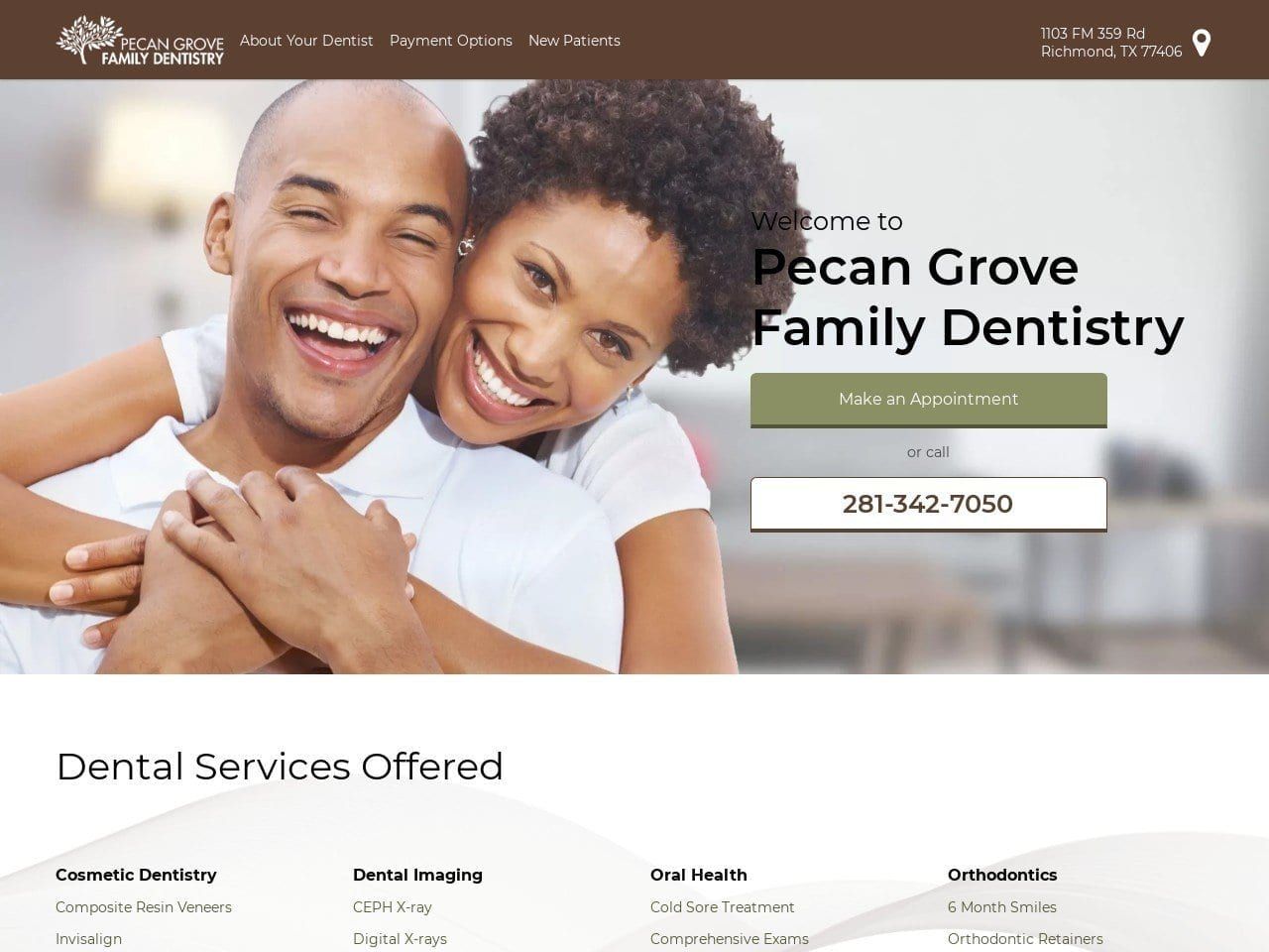 Pecan Grove Family Dentist Website Screenshot from pecangrovefamilydentist.com