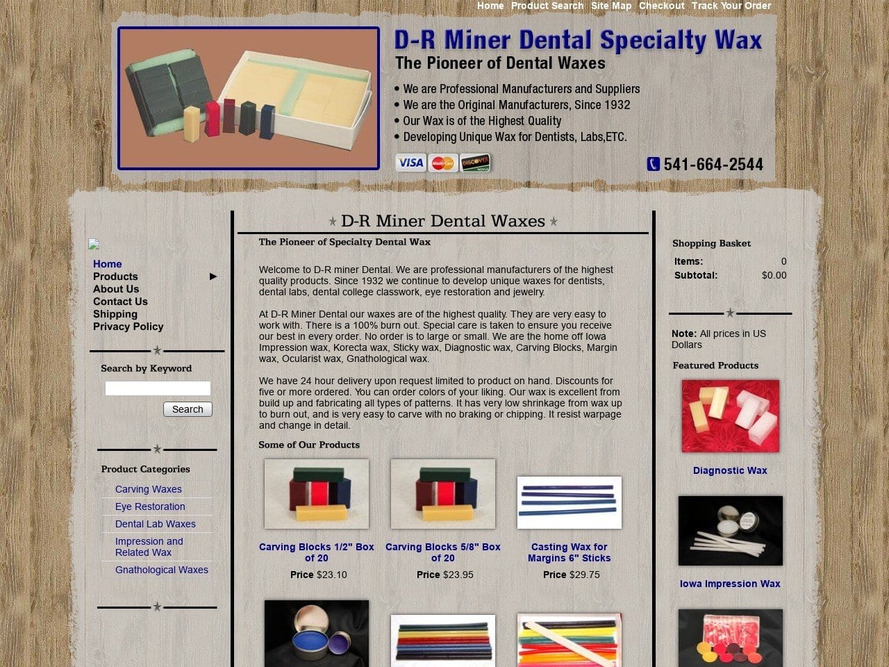 DR Miner Dental Products Website Screenshot from pioneerdentalwax.com