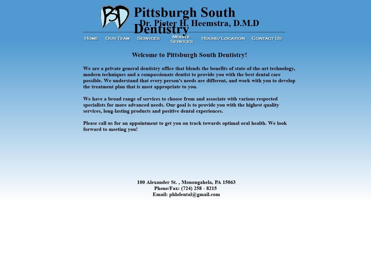 Pittsburgh South Dentist Website Screenshot from pittsburghsouthdentistry.com