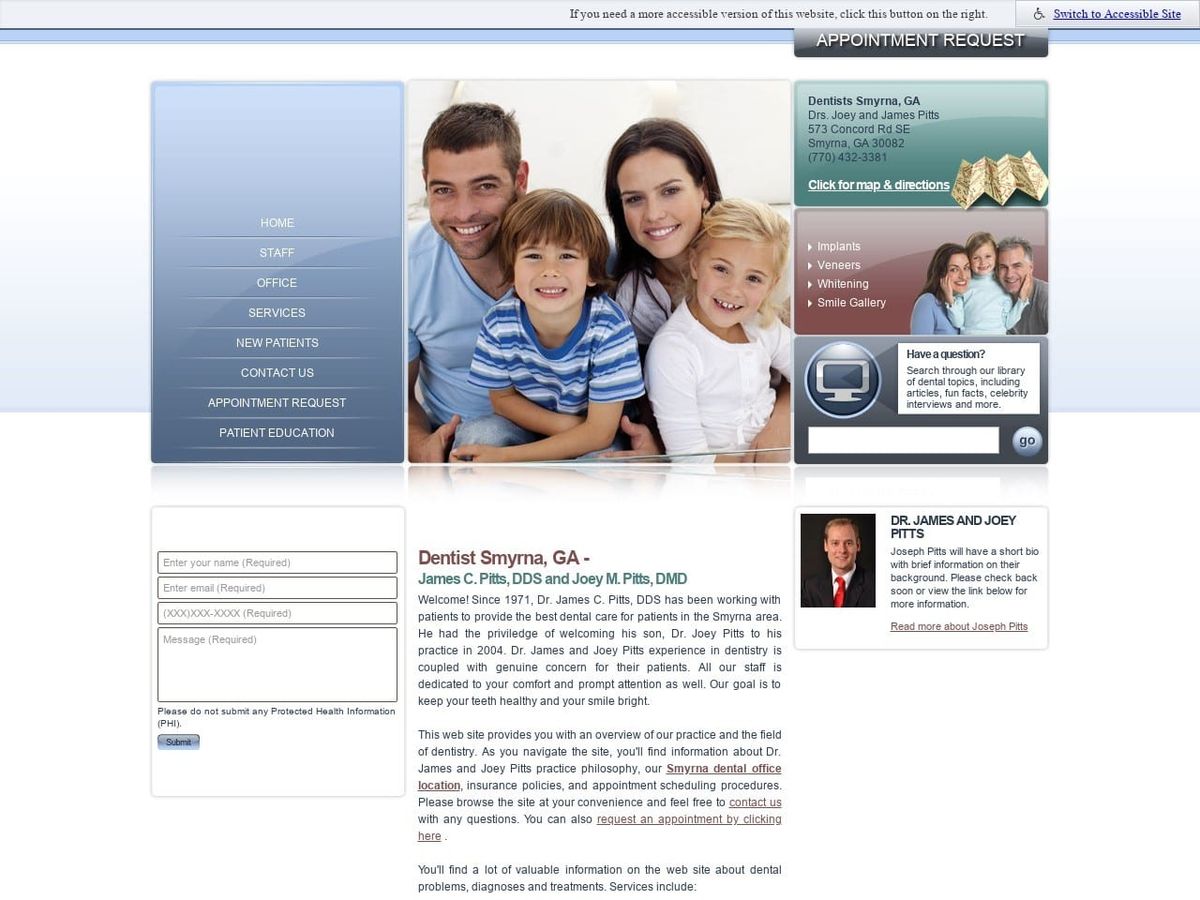 Joseph M. Pitts DMD James C. Pitts DDS Website Screenshot from pittsdental.com