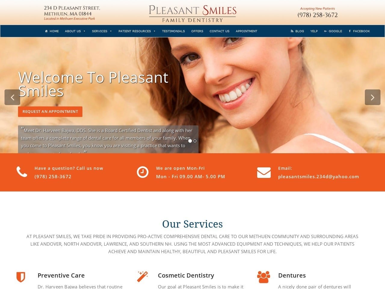 Pleasant Smiles Website Screenshot from pleasantsmiles-methuen.com