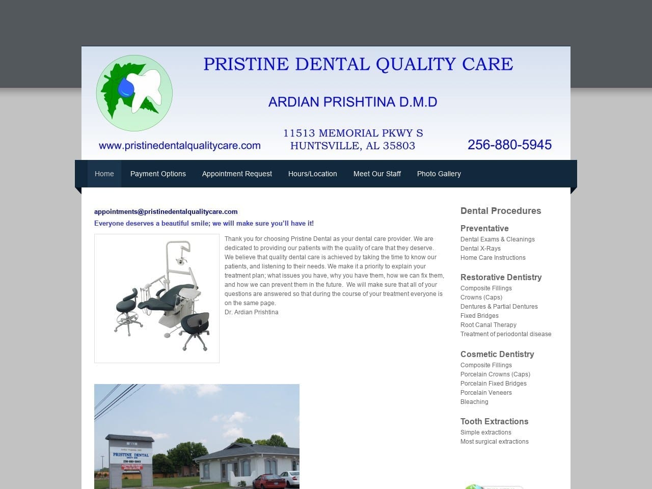 Dr. A. Prishtina Website Screenshot from pristinedentalqualitycare.com