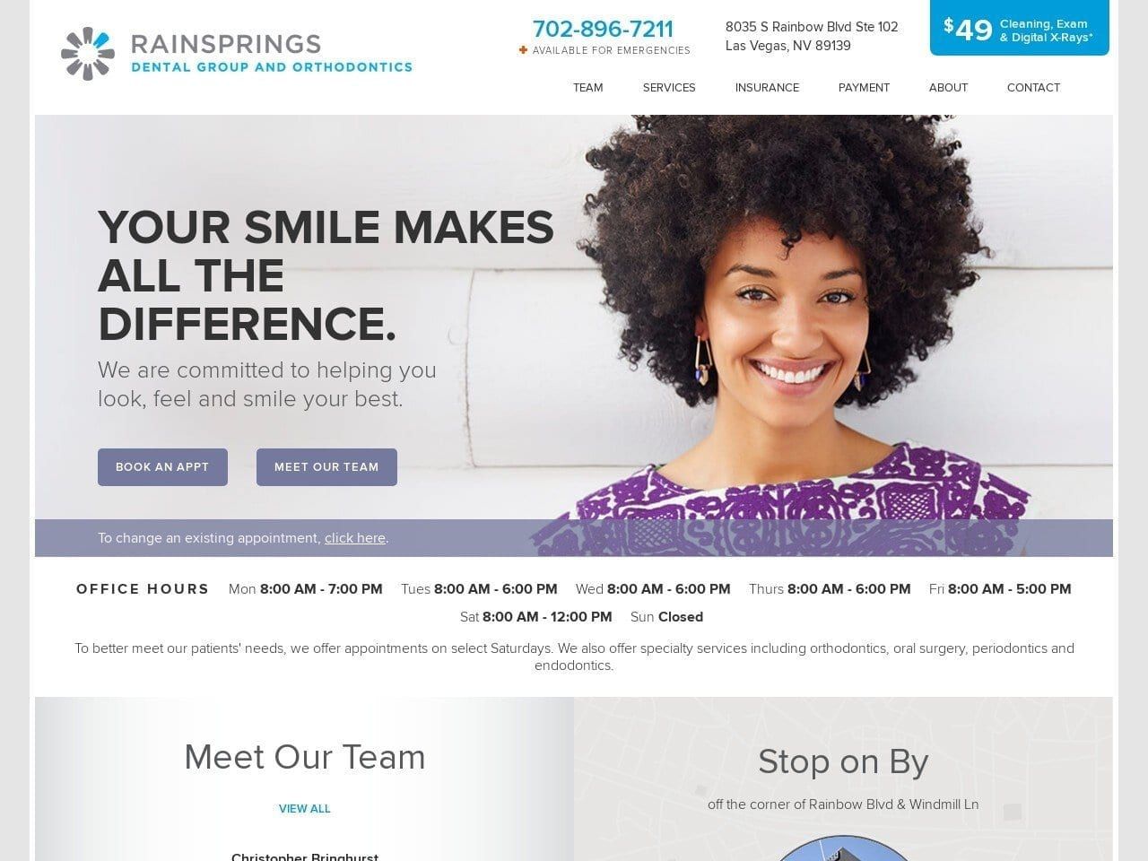Rainsprings Dental Group and Orthodontics Website Screenshot from rainspringsdental.com