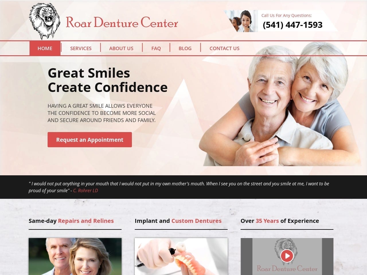 Roar Denture Center Website Screenshot from roardenturecenter.com