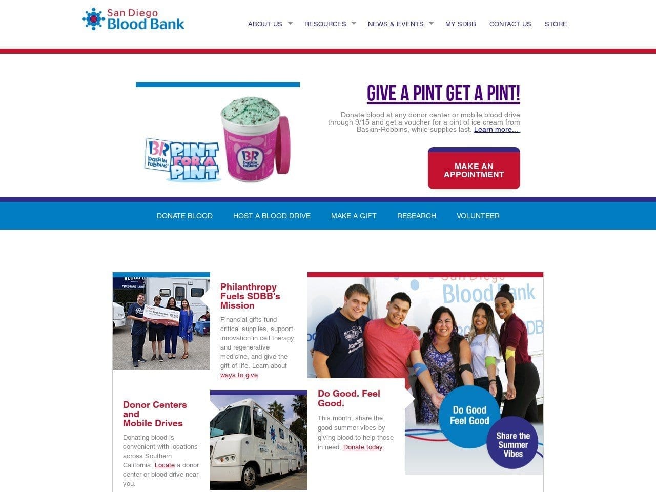 Sabre Springs Donor Center Website Screenshot from sandiegobloodbank.org