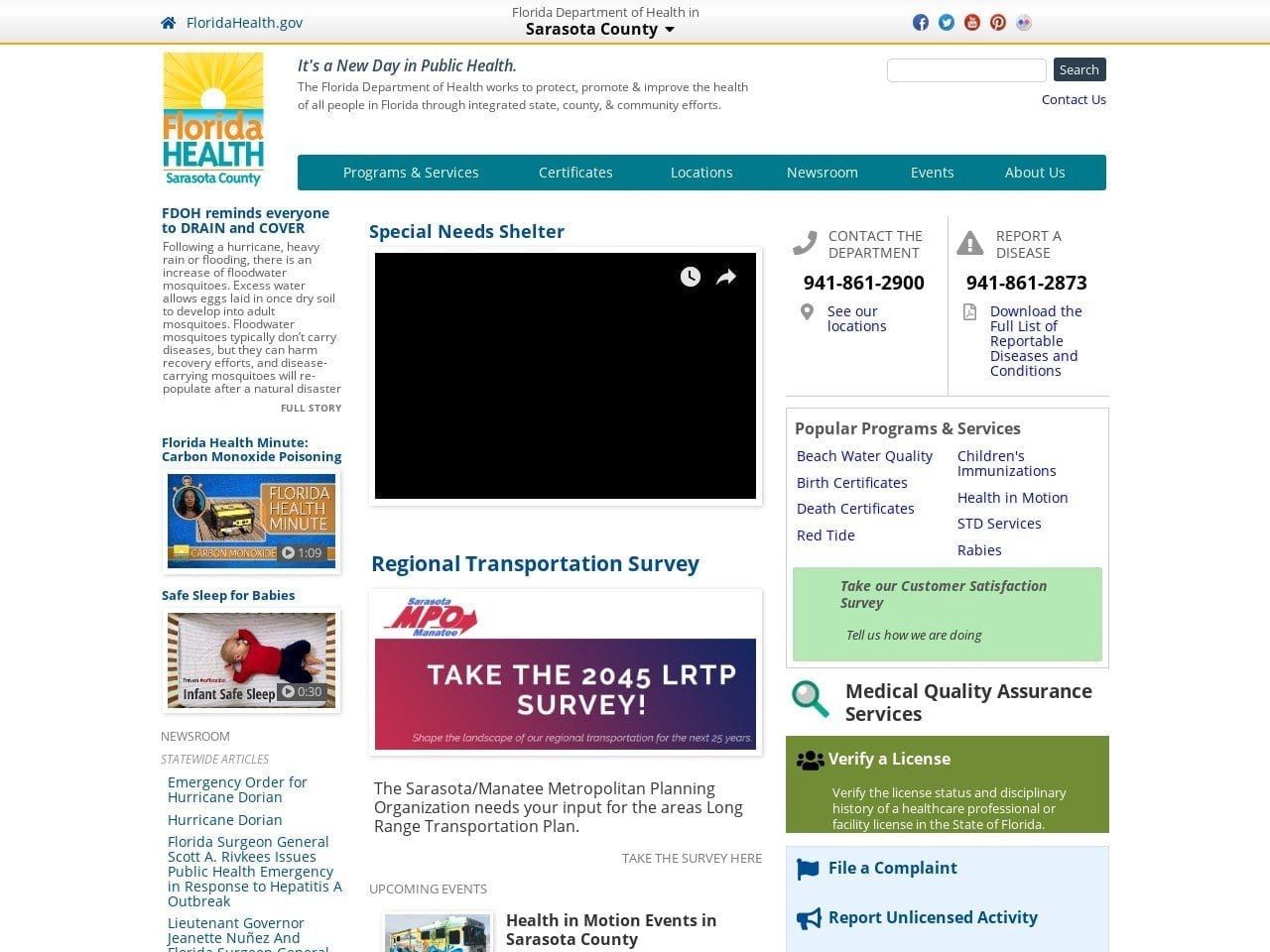 Sarasota Health Department Website Screenshot from sarasotahealth.org