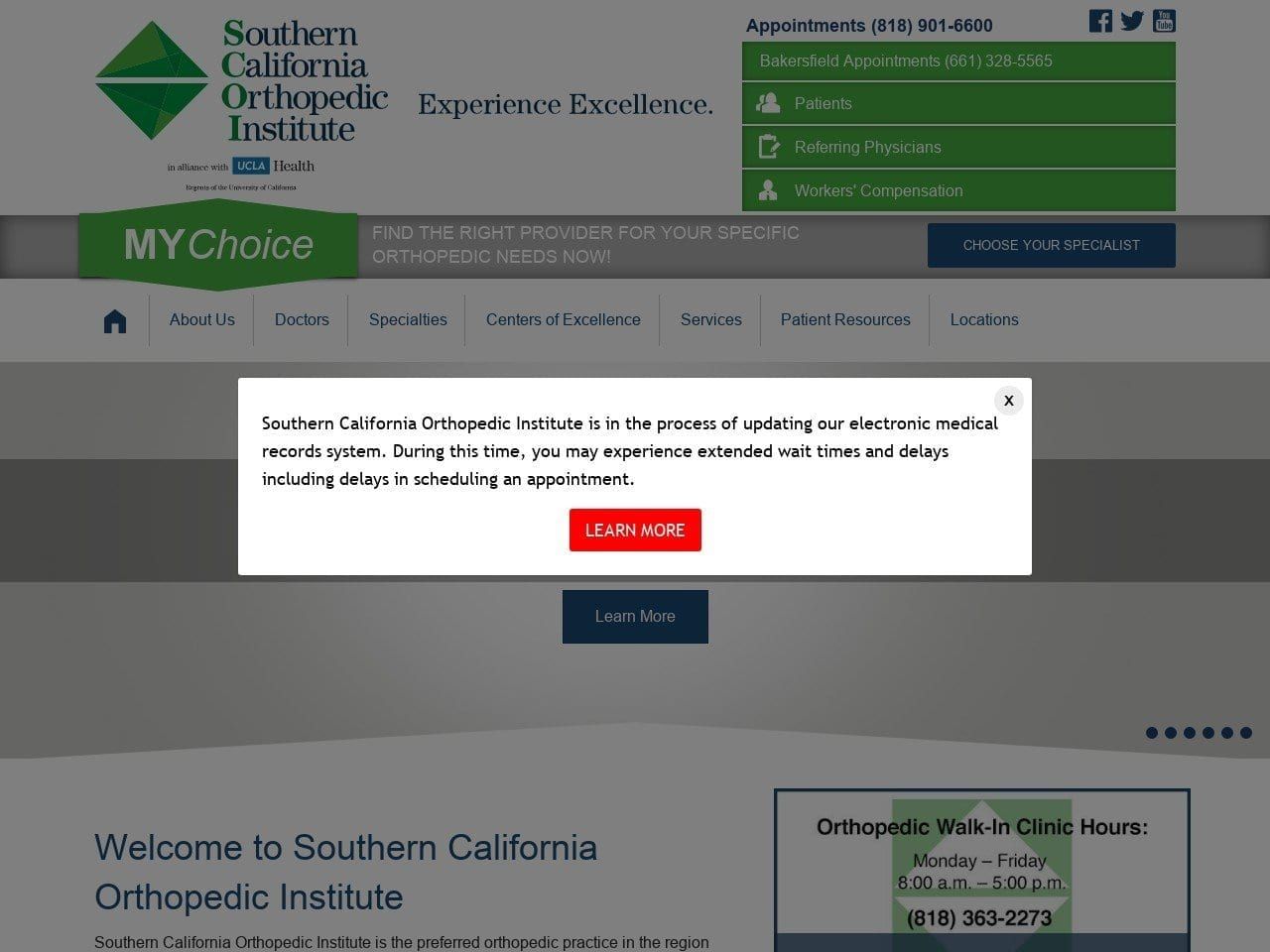 Southern California Orthopedic Institute Website Screenshot from scoi.com
