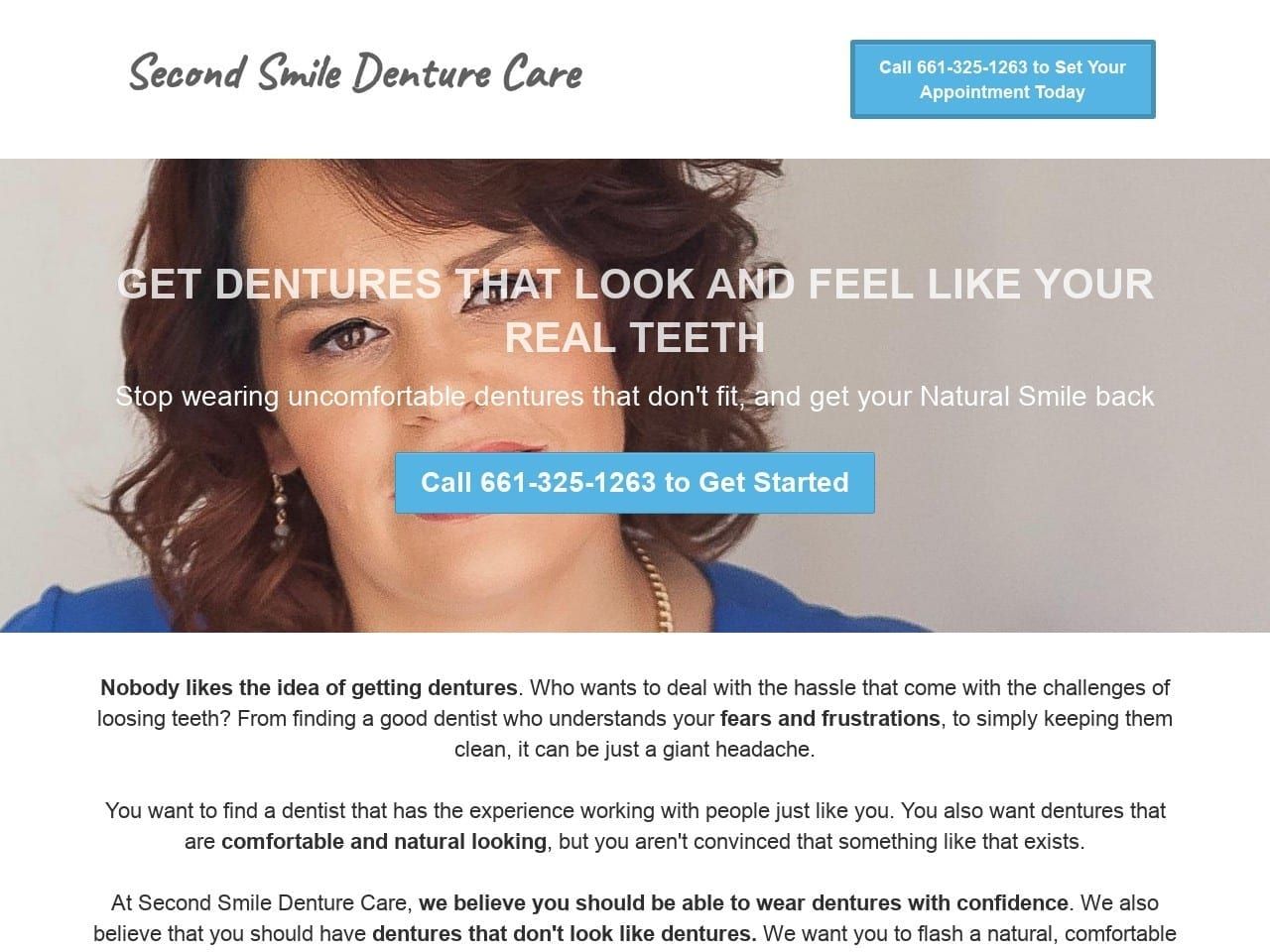 Second Smile Denture Care Website Screenshot from secondsmiledenturecare.com
