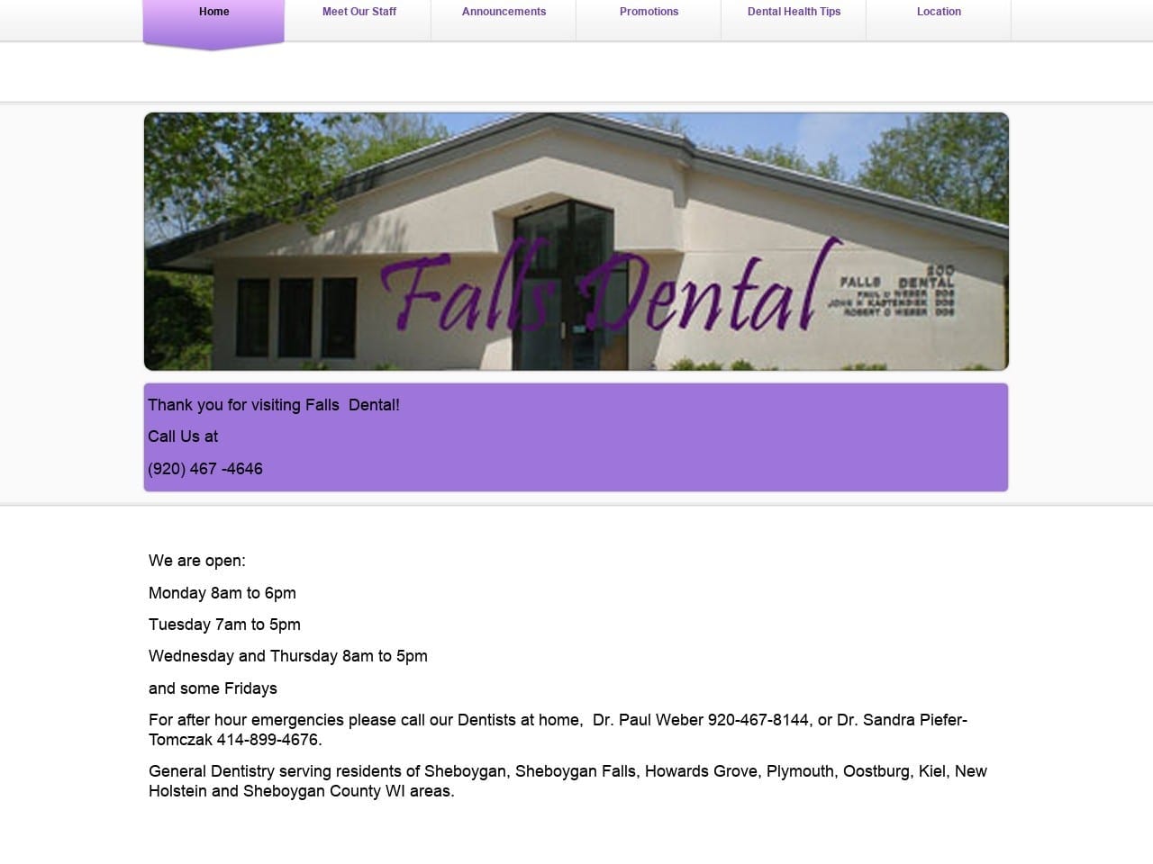 Falls Health View Dental Website Screenshot from sheboyganfallsdental.com