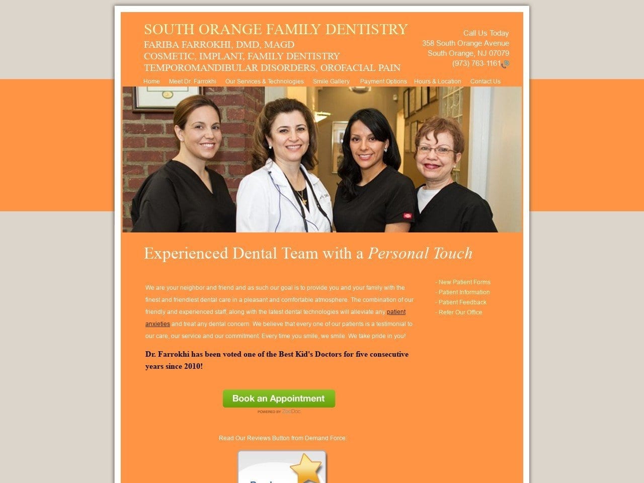 Dr. Fariba Farrokhi DMD Website Screenshot from sofamilydentistry.com