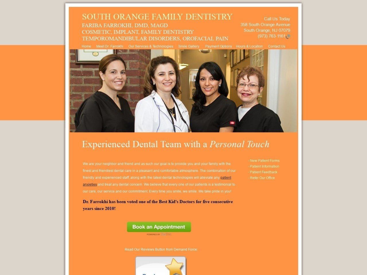 Dr. Fariba Farrokhi DMD Website Screenshot from sofamilydentistry.com