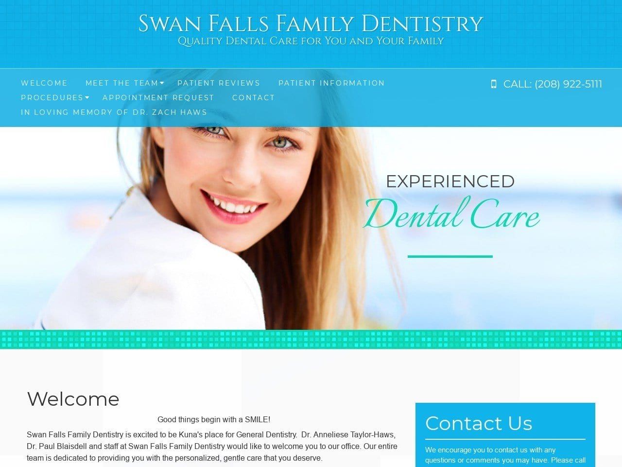 Swan Falls Family Dentist Website Screenshot from swanfallsfamilydentistry.com