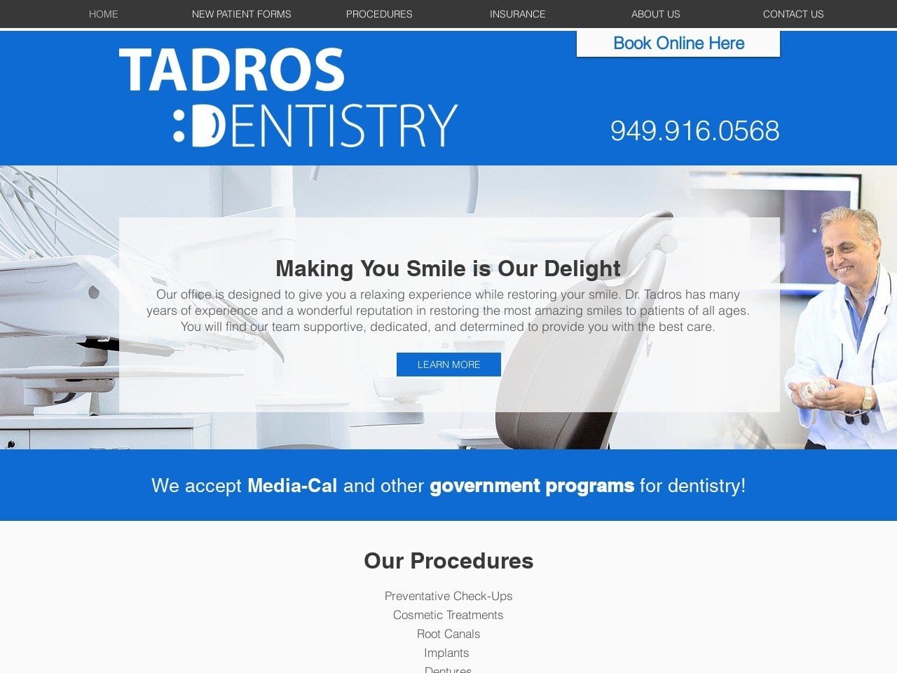 Tadros Dentistry Website Screenshot from tadrosdentistry.com