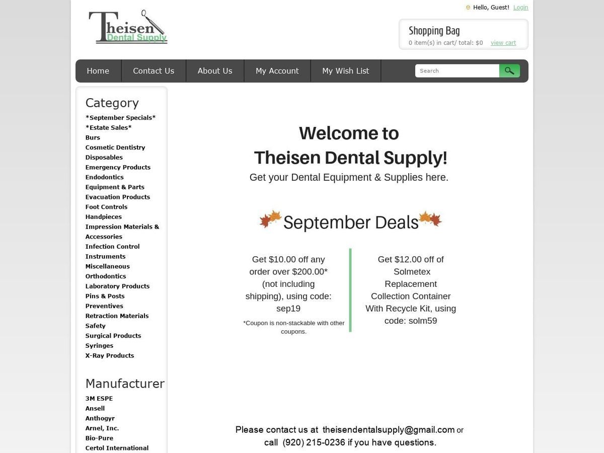 Theisen Dental Supply Website Screenshot from theisendentalsupply.com