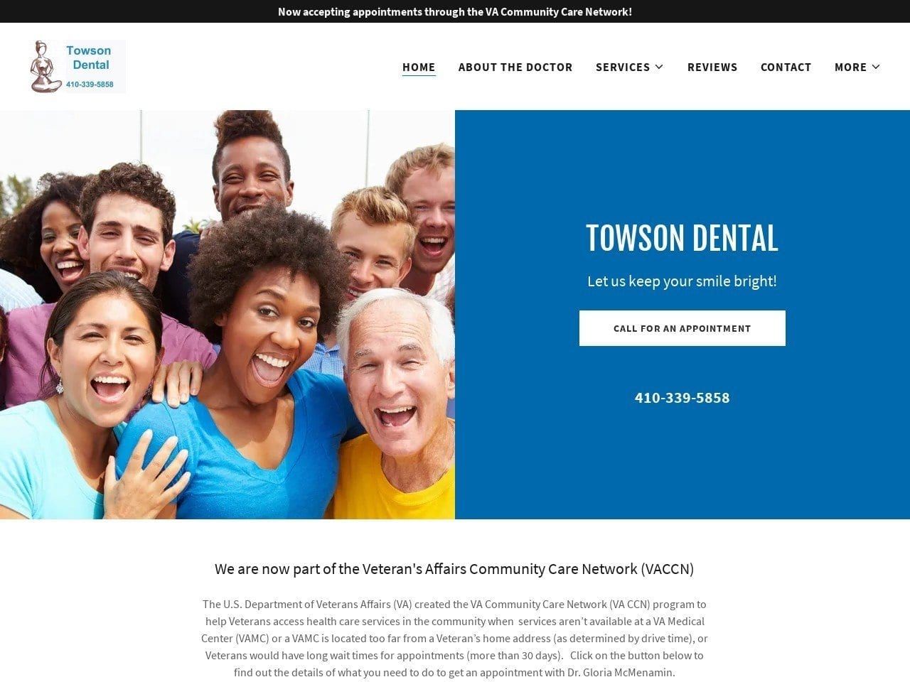 Towson Dental with Gloria McMenamin DDS DMD PA Website Screenshot from towson-dental.com