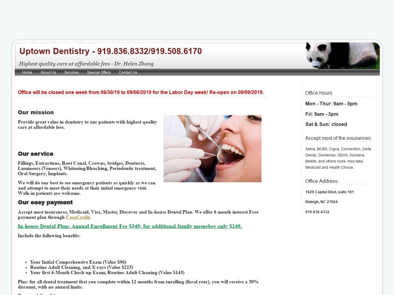 Dr. Helen H. Zhang DMD Website Screenshot from uptowndentistry.webs.com