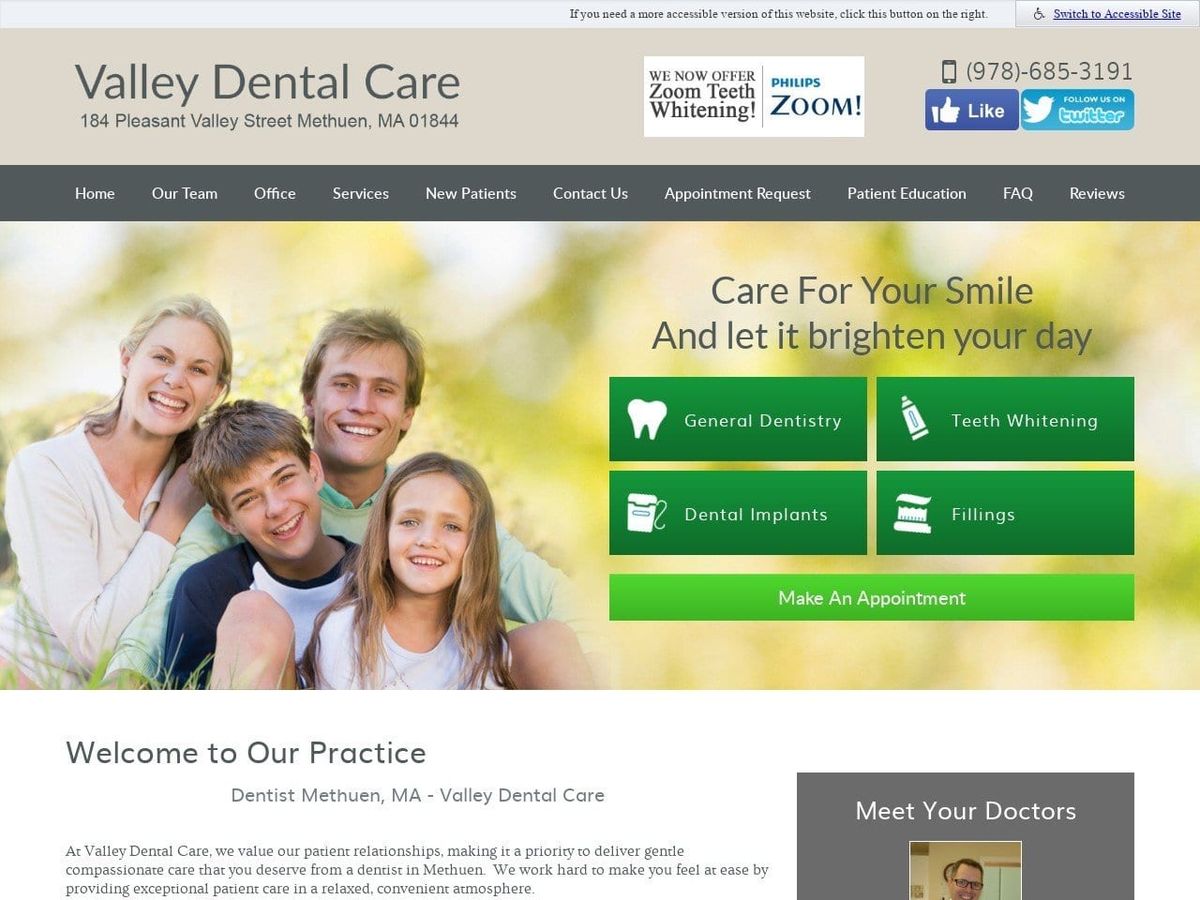 Valley Dental Care Website Screenshot from valleydentalmethuen.com