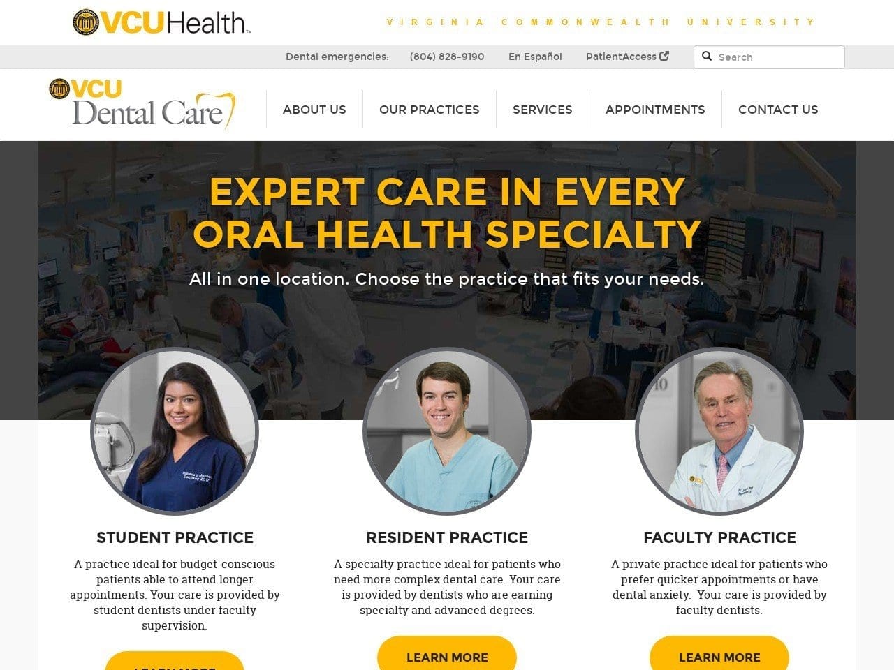 VCU Dental Care Website Screenshot from vcudentalcare.com