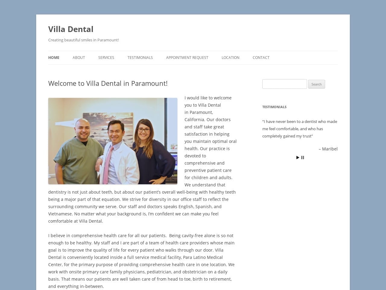 Villa Dental Paramount Website Screenshot from villadentalparamount.com